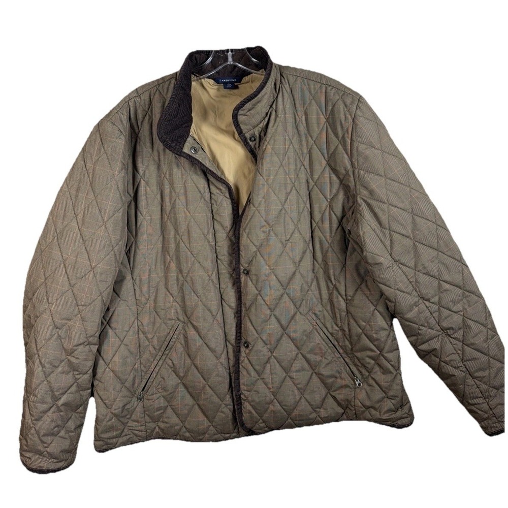 Lands End‎ Women's XL 18-20 Quilted Jacket Glen Plaid Corduroy Trim Brown Gray